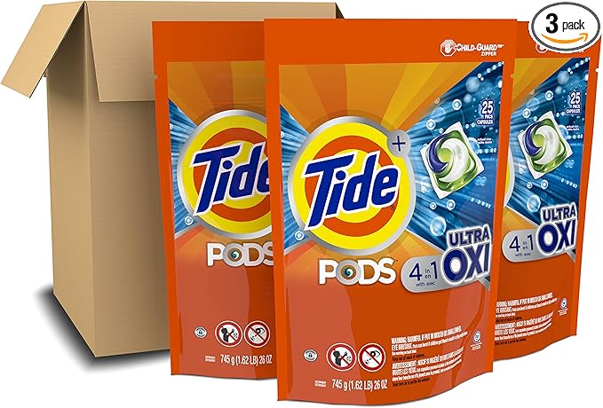 Tide PODS Liquid Laundry Detergent Soap Pacs, 4-in-1 Ultra Oxi, HE Compatible, 3 Bag Value Pack, 75 Count