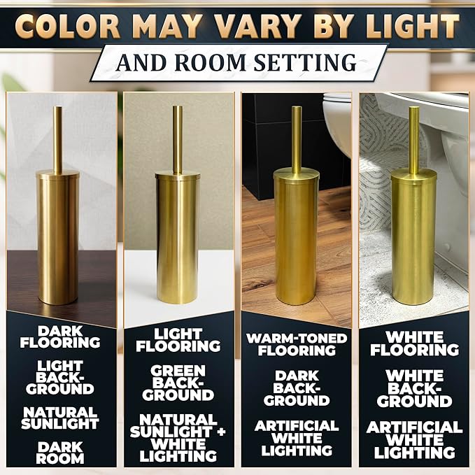 Gold Toilet Brush and Holder Set - Stainless Steel Gold Toilet Bowl Brush and Holder with Replaceable Head, Removable Inner Bowl, and Splash Guard - Dense Bristles for Thorough Cleaning