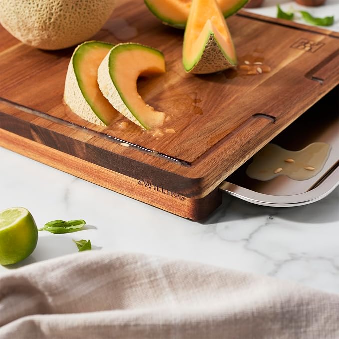 ZWILLING BBQ+ Cutting Board with Stainless Steel Tray, Acadia Wood, 17" x 14" x 13"
