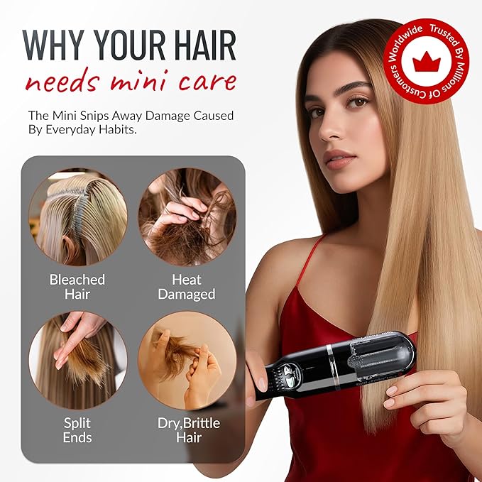 Split-Ender Mini 2 – Original Cordless Split End Hair Trimmer for Dry, Damaged, Brittle, Curly, Frizzy, or Straight Hair – Rechargeable Hair Clipper, Home Styling Tool for Split Ends (Black)