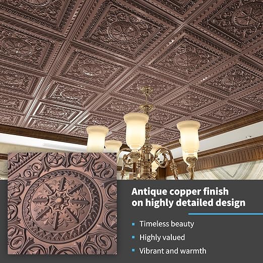 Art3d Drop Ceiling Tiles, Glue up Ceiling Tiles, 2'x2' Plastic Sheet in Antique Copper (24-Pack, 96 Sq.ft)
