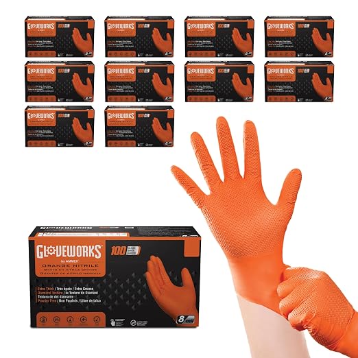 GLOVEWORKS 8 Mil Orange Nitrile Disposable Gloves Heavy Duty Industrial RDT for Mechanic and Automotive, XXL 10 Boxes of 100