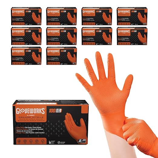 GLOVEWORKS 8 Mil Orange Nitrile Disposable Gloves Heavy Duty Industrial RDT for Mechanic and Automotive Large 10 Boxes of 100
