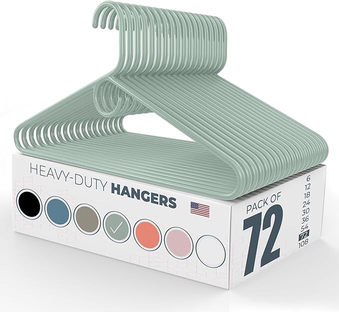 Heavy Duty Clothes Hangers 50+ Pack (72 Count) – Made in the USA – 8lb Capacity Plastic Hangers for Adult Clothing – Durable for Pants, Coats, Jackets, or Jeans – Mint