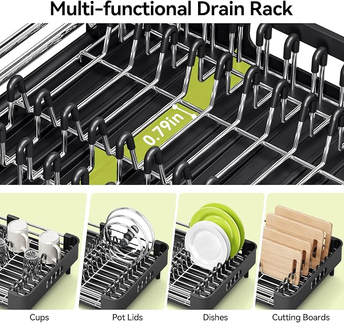 Urackify Stainless Steel Dish Drying Rack - Dish Drainer for Kitchen Counter, Extendable Drainboard with Foldable, Space-Saving Cup & Bowl Organizer, Includes Knife and Utensil Holder, Black
