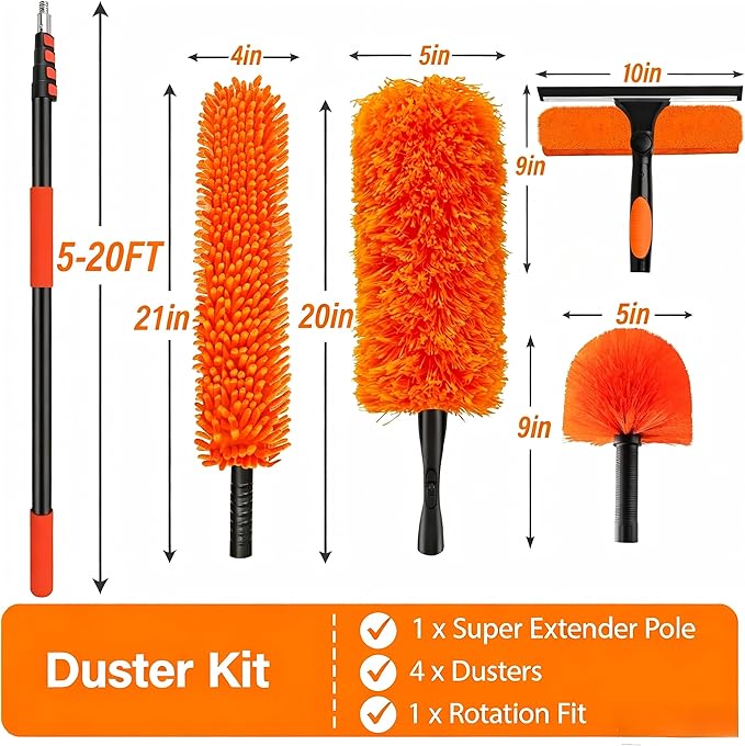 26FT High Reach Duster Cleaning Kit with 5-20 FT Extension Pole,High Ceiling Dusting and Window Cleaning Kit with Microfiber Feather Duster,Cobweb Duster,Ceiling Fan Duster,Window Squeegee Cleaner