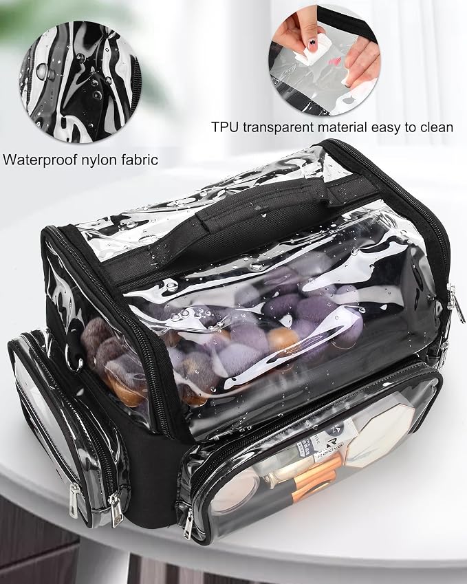 Makeup Brush Bag, Makeup Brush Case for Makeup Artist with Plastic Dividers Washable, Portable Travel Makeup Train Case with Clear Waterproof Cover for Easy to Clean and Find with Adjustable Strap