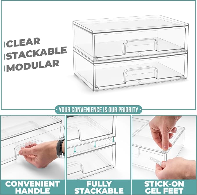 Sorbus Acrylic Storage Containers - 2 Pack, Stackable Storage Bins Set for Bathroom Organization - Clear Acrylic Drawer Organizers - Makeup Case Pull-Out Drawers (12.1’’ Wide)