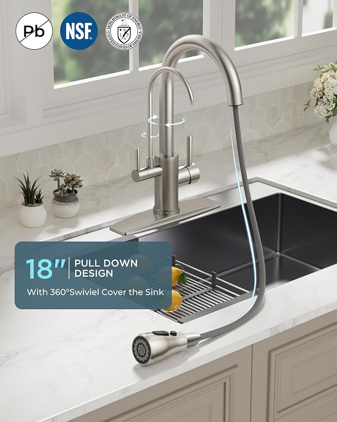 FORIOUS Kitchen Faucets with Water Filter, 2 in 1 Stainless Steel Pull Down Sink Faucet and Purified Water Faucet Rustic High Arc Single Handle with Detachable Deck for 1 or 3 Hole, Brushed Nickel