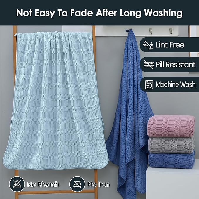 JML Bath Towels, 30" x 60", Gray, Set of 2 | Hanging Hook, Lint Free, Oversized, Soft, Super Absorbent, Fast Drying, Use for Sport, Fitness, Yoga, Diamond Cross Grid