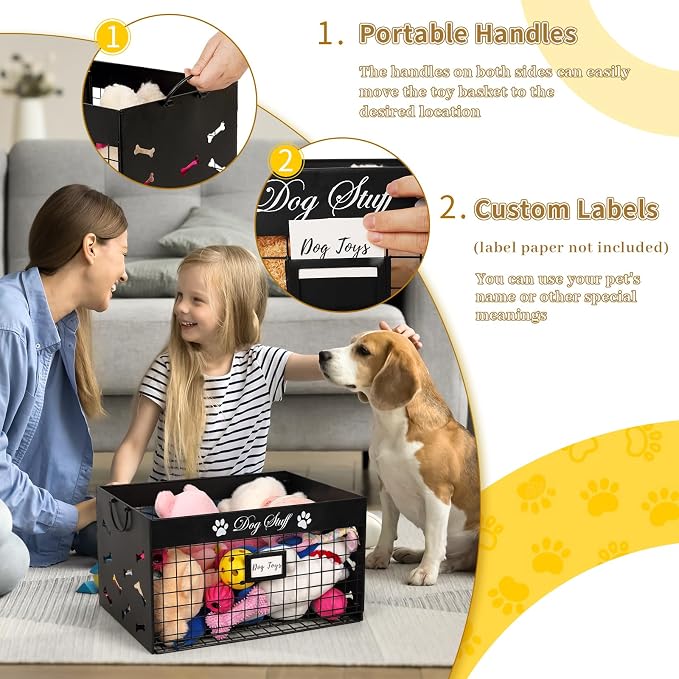 Bfttlity Dog Toy Basket - Large Dog Toy Box with Handles and Label Position Design for Living Room, Metal Dog Toy Bin Storage for Dogs Chew Pets Toys, Blankets, Clothes, Food (Black)