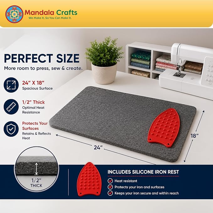 Mandala Crafts 24 × 18 Inch 100% New Zealand Wool Pressing Mat Ironing Pad | Portable, Thick, with Bag, Heat Resistant, Iron Board Alternative, for Sewing, Quilting, Embroidery, Any Surface
