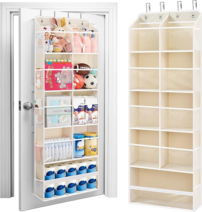 JARLINK Over the Door Organizer, Extra Large Storage for Bedroom, Beige | Anti-Tilt 100 lb Load Capacity, Hanging Door Organizer with 5 10 Mesh Pockets, Behind Door Storage for Bathroom, Nursery