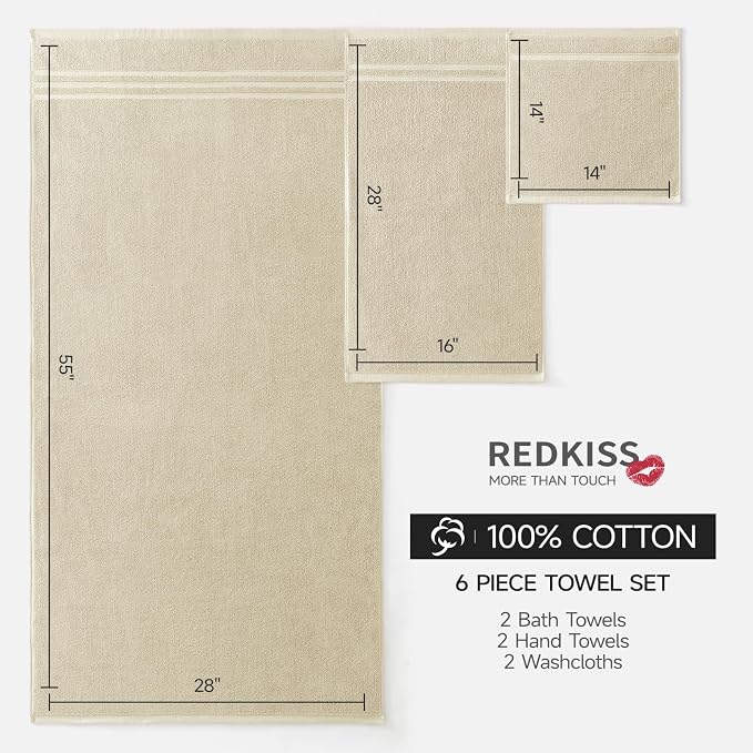 REDKISS Beige Towels Set 6 Piece Cotton Towel Sets with 2 Bath Towels, 2 Hand, 2 Washcloths, 650GSM Hotel Quality, Soft, Highly Absorbent Towels for Bathroom Gym, Ideal Everyday Use