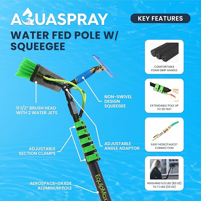 30 Feet Solar Panel Cleaning Brush & Pole Window Cleaner Window Cleaning Solution (Glass, Solar Panel, etc.) Professional Tool Water Fed Pole Kit Scrubber Brush w/Spray Washer & Squeegee