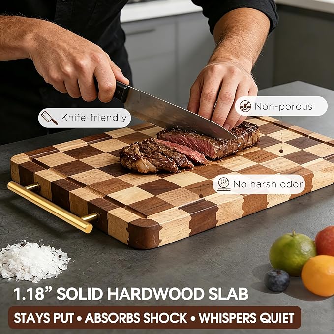 Checkered Cutting Board for Kitchen – 14.9"x 11"x 1.18" Rubber Wood Butcher Block with Juice Groove & Steel Handle, Heavy Duty Non-Slip Chopping Board for Charcuterie, Housewarming Gift