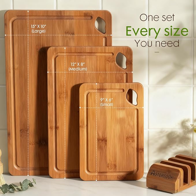 Astercook Deep-Carbonized Bamboo Cutting Boards for Kitchen with Wood Storage Stand, Reversible Charcuterie & Chopping Boards with Juice Grooves and Easy-Grip Handles, Fathers Day Gift for Men
