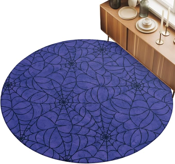 Round Area Rug 6', Navy Blue Halloween Washable Area Rugs for Living Room Kitchen Bedroom Nursery Dining Room, Black Spiders Net Classic Gingham Non Slip Door Mat Indoor Floor Throw Circle Carpet