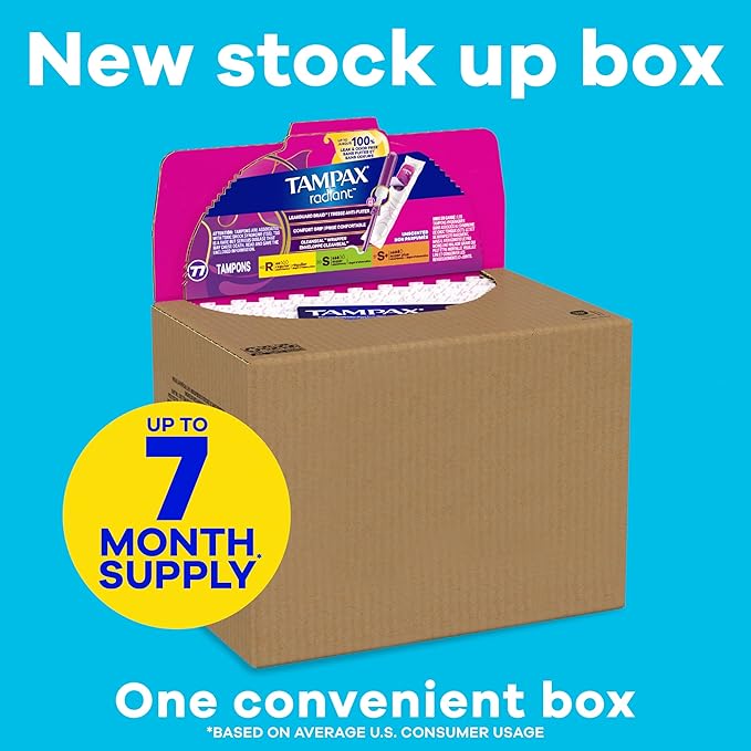 Tampax Radiant Tampons Multipack, with LeakGuard Braid, Regular/Super/Super Plus Absorbency, Up to 100% Leak and Odor Free Protection, Unscented, 77 Count