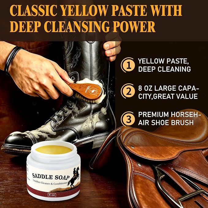 Leather Boot Care Kit, Emu Oil, Saddle Soap for Leather, Professional Leather Cleaner & Conditioner for Horse Tack, Shoes, Bags, Couch, Cowboy & Wood, Deep Clean Moisturize, Repair & Nourish