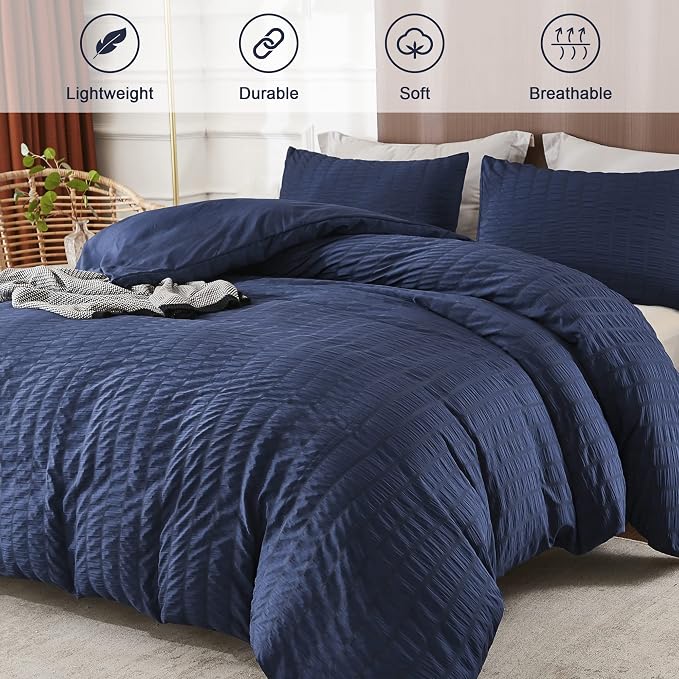 AveLom Navy Blue Duvet Cover King (104 x 90 inches), 3 Pieces (1 Duvet Cover + 2 Pillow Cases), Seersucker Textured Ultra Soft Washed Microfiber, Textured Duvet Cover with Zipper Closure, Corner Ties