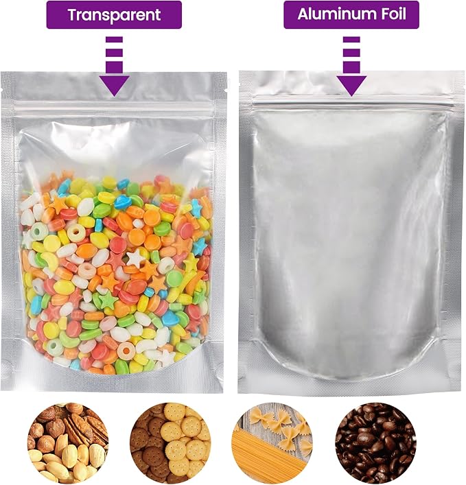 Wisesorb 120pcs Mylar Bags for Food Storage with Oxygen Absorbers 300cc 500cc (50 Packs Each), Resealable Pouches 4 Sizes Mix Bundle 30 Each (10x14, 7x10, 5x7, 4x6 Inches), Stand Up with Clear Window
