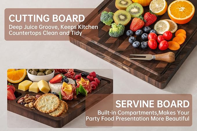 Walnut Cutting Boards for Kitchen Solid Wood End Grain 17"×13"×1" | Large Chopping Board Double Sided with Handle, Hardwood Charcuterie Butcher Block for Meal Prep & Serving with Gift Box