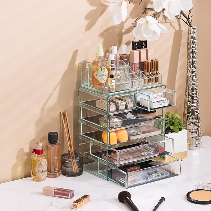 Sorbus Acrylic Makeup Organizer Set, 6-Drawer Vanity & Countertop Cosmetic Storage with Small & Wide Compartments, Teal Thrill Makeup Storage for Brushes, Jewelry – Holiday Gift for Women & Teens
