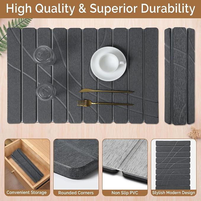 Large Stone Dish Drying Mat for Kitchen Counter,2 PCS Quick Dry Stone Mats,Foldable Water Absorbing Diatomaceous Drying Pad for Countertop Bottles Utensils Cups (Flow Line Dark Gray 24"x16" & 8"x4")