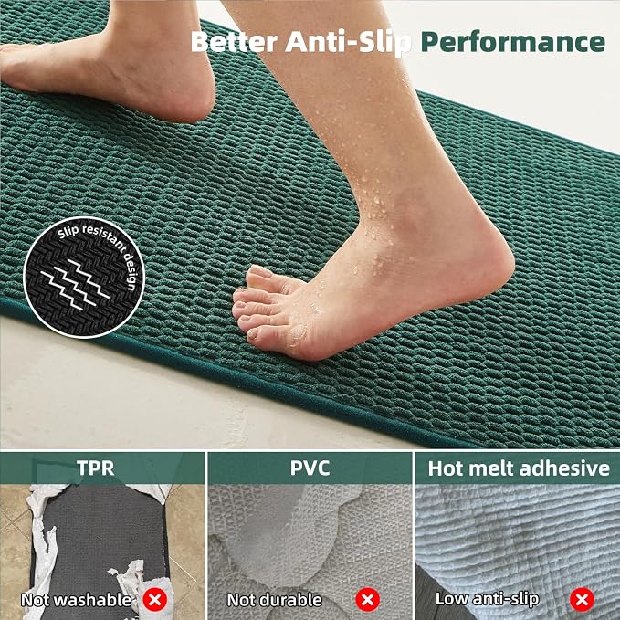 TYUU Bathroom Rugs Non Slip Washable, Super Absorbent Thin Bath Mat Small Quick Dry Low Pile Bathroom Rug, Dark Green 20"x30"
