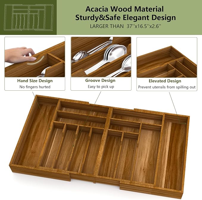 Suli Large Silverware Drawer Organizer, Acacia Wood Adjustable Kitchen Flatware for Forks Knives and Spoons, Cutlery Utensil Holder, Expandable from 22in-37in