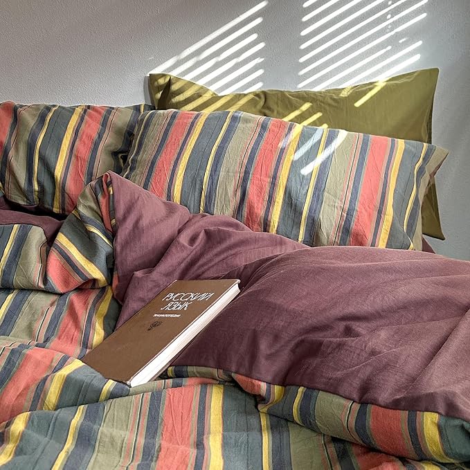 mixinni Vintage Striped Duvet Cover Set Queen Size - 3 Piece 100% Washed Cotton Bedding Set, Soft & Breathable, Colorful Striped Pattern Printed Comforter Cover for All Seasons