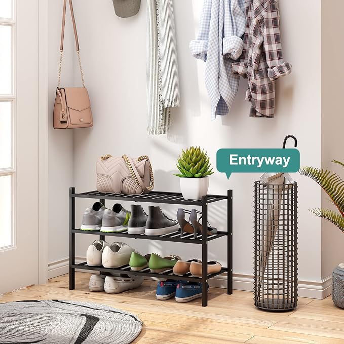 viewcare 3-Tier Black Bamboo Shoe Rack for Entryway, Stackable | Foldable | Natural, Shoe Shelf Storage Organizer for Hallway Closet, Free Standing Shoe Racks for Indoor Outdoor