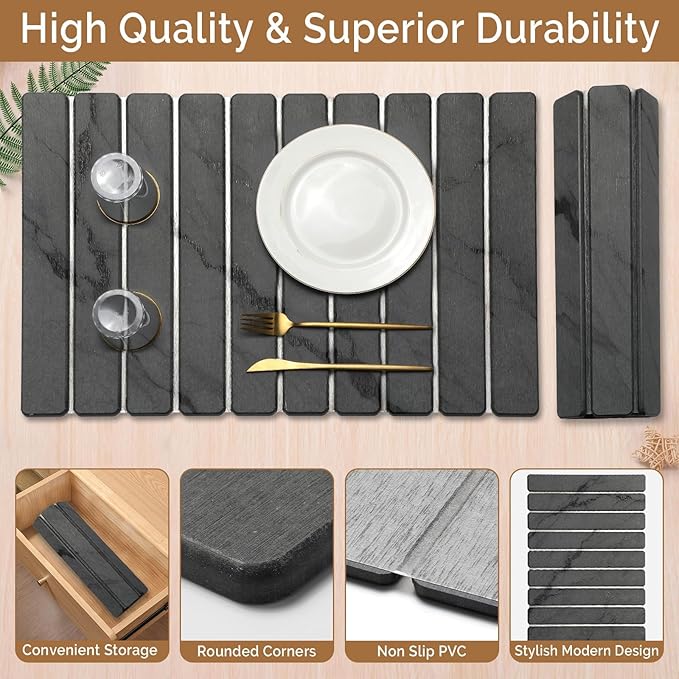 Large Stone Dish Drying Mat for Kitchen Counter, Quick Dry Stone Dishes/Bath Mats,Foldable Water Absorbing Diatomaceous Earth Drying Organizer Pad for Plate Rack Bottles Utensils(Dark Gray 24"×16")