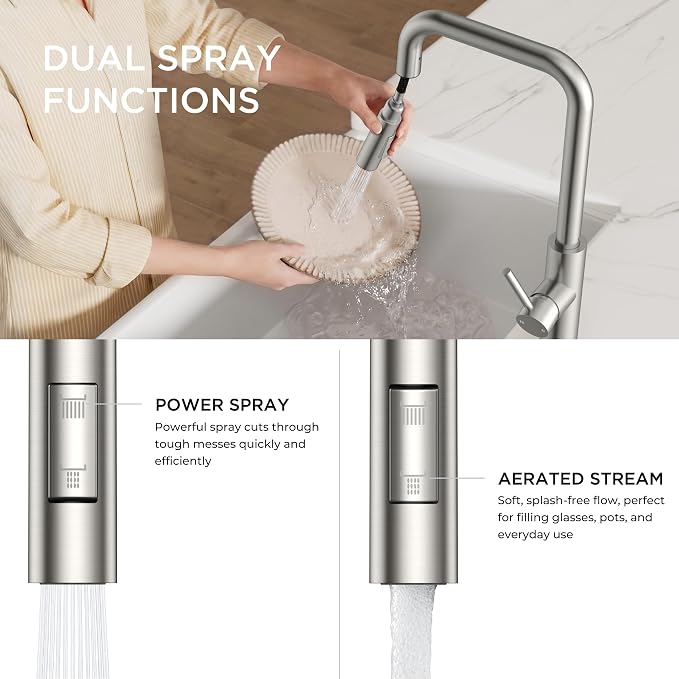 FORIOUS Kitchen Faucet with Pull Down Sprayer, Brushed Nickel Single Handle U-Spout Stainless Steel Kitchen Sink Faucet, 1 or 3 Hole Deck Mount for RV, Bar, Farmhouse, Laundry, Outdoor
