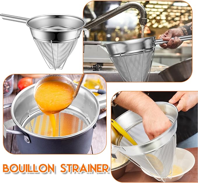 SiliFine 10 Inch Stainless Steel Reinforced Bouillon Sieve Strainer Cone Fine Mesh Strainer with Handle and Rubber Pestle for Kitchen Food Cooking