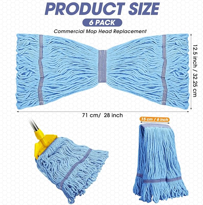 Eccliy 6 Pack Commercial Mop Heads Replacement Heavy Duty 18 oz Loop End Cotton String Wet Mop Refills Washable Absorbent Reusable for Industrial Home Tile Wood Concrete Floor (Blue,Orange)