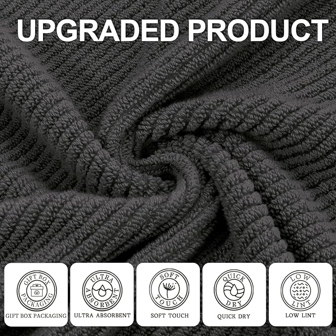 VOOVA & MOVAS Hand Towels 4PC, 100% Cotton, 18x28 in, Dark Grey | Thick, Quick Dry, Absorbent, Soft, Bathroom Essentials, Ideal For Daily Shower, Face Washing, Gym