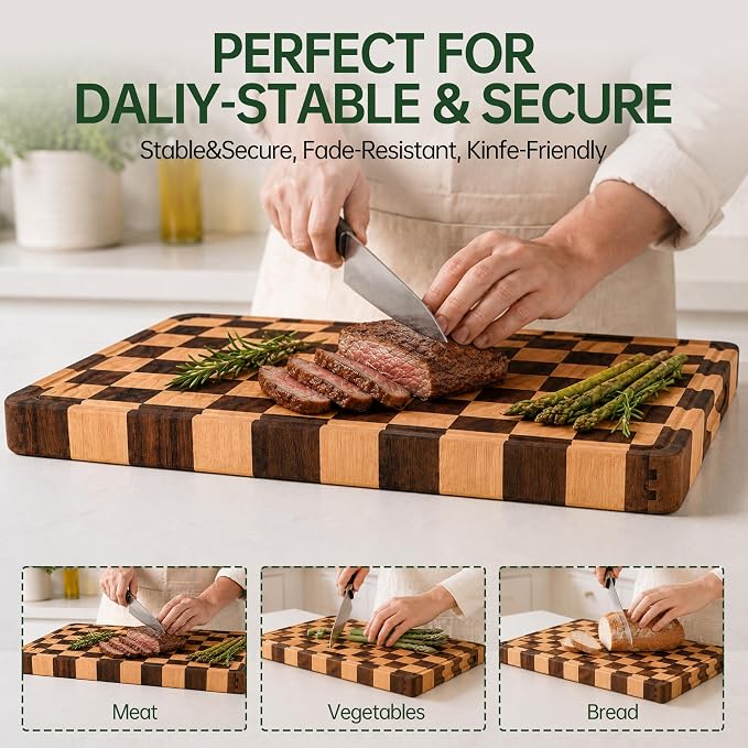 1.4" Checkered Cutting Boards for Kitchen, Thick Wood Butcher Block | Chooping Board with Juice Grooves & Handles, Serving Tray for Meat, Vegetables Fruits with Gift Box, 16" x 11"