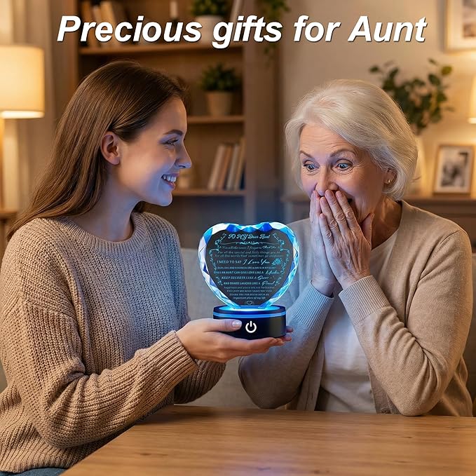 Gifts for Aunt, Auntie Gift Ideas, Heart-Shaped Crystal Keepsake with Light Base, Birthday, Thanksgiving Day, Christmas Gift for Aunt from Nephew, Best Aunt Ever Gifts