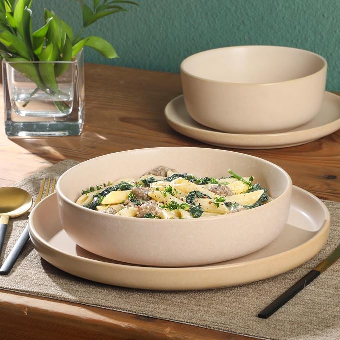 Gibson Elite Pasco 16 Piece (Service for 4) Plates and Bowls Double Bowl Reactive Glaze Dishes Stoneware Ceramic Dinnerware Set - Cream