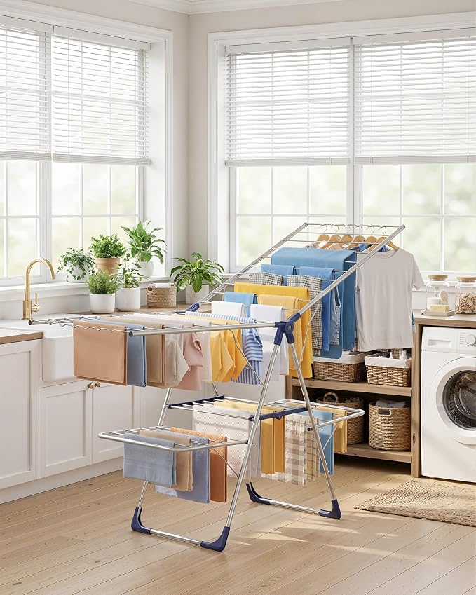 Sakugi Clothes Drying Rack, Foldable 2-Level Laundry Drying Rack with Height-Adjustable Wings, for Clothing & Bedding, Free-Standing Space-Saving Rack, Indoor & Outdoor, 70" L × 22.8" W, Silver Blue
