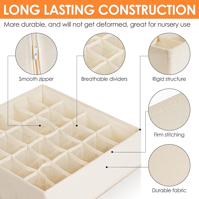 Criusia 6 Pack Sock Underwear Drawer Organizer Dividers, 58 Cell Foldable Fabric Dresser Closet Organizers and Storage Bins for Clothing, Baby Clothes, Bra, Panty, Scarf, Ties (Beige)