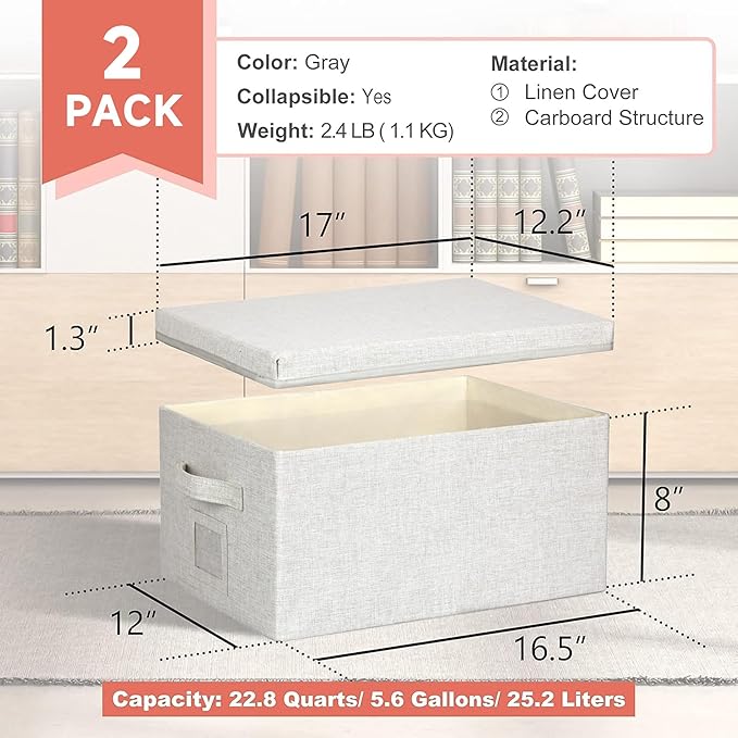 Graciadeco Large 17''x12'' Quart Collapsible Stackable Storage Bins with Lids, 2 Packs Fabric Closet Boxes with Lids, Storage Cube Baskets Container Organizers for Bedroom Office(17''x12.2x''8'')