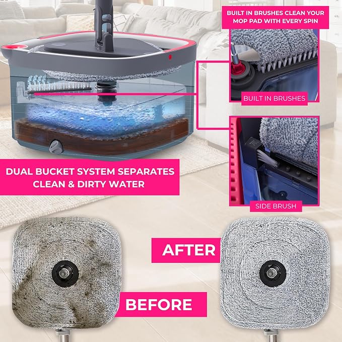 Heavy Duty Square Spin Mop for Floor Cleaning, Machine Washable Pads