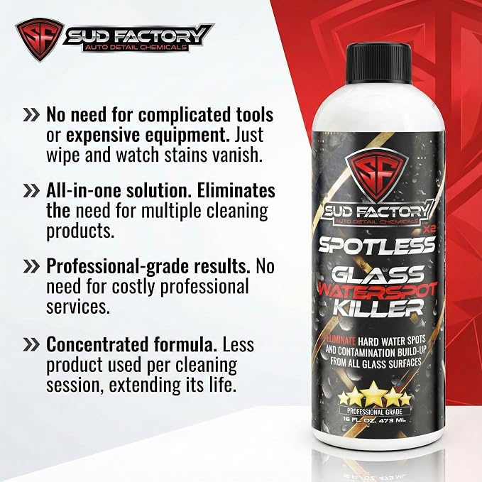 Sud Factory Hard Water Spot Remover for Glass Spotless X2 - Removes Water Stains from Shower Doors, Car Windows, Windshields - Professional Strength 16oz