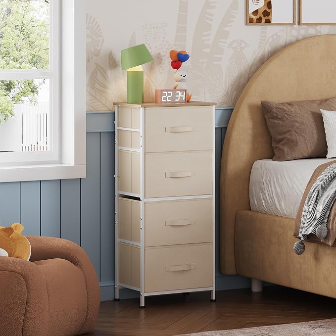 WLIVE Small Dresser Nightstand for Bedroom, 4 Drawers, Cream White | 4 vertical fabric drawers, Space-saving tower, Bedroom or closet use, Chest of drawers, Dresser for small spaces