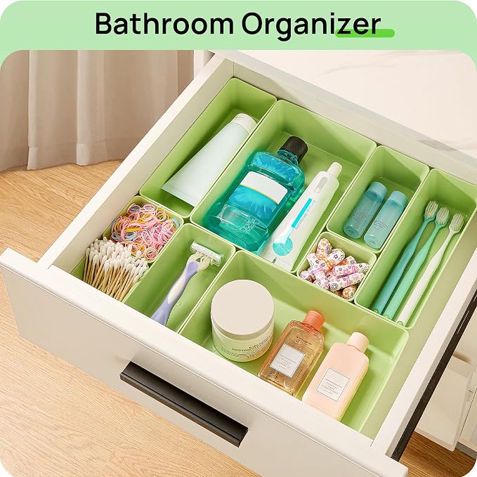 Vtopmart 25 PCS Plastic Drawer Organizers Set, 4-Size Versatile Bathroom and Vanity Drawer Organizer Trays, Storage Bins for Makeup, Bedroom, Kitchen Gadgets Utensils and Office, Light Green