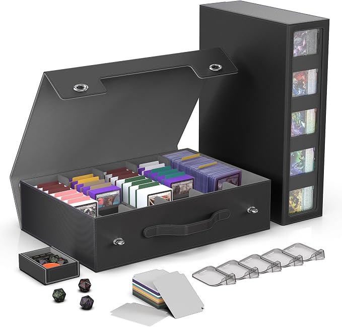 Kabinka MTG Card Storage Box with Handle & Mechanical Latch,5-Row 3900+ Commander Trading Card Case with Sealed Display Window,Top Loaders Organizer Deck Box for MTG/TCG/PTCG/Sports Cards (Black)