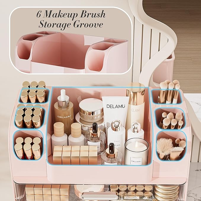 Delamu Large Makeup Organizer Countertop with 6 Brush Holders, Makeup Organizers for Vanity with 2 Large Drawers, Easy to Store Skincare, Lipsticks, Nail Polishes, Perfumes, Eyeshadow Palettes, Pink